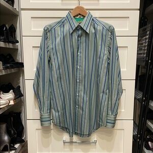 Robert Graham Button Down Shirt in Green and Blue with Striped Pattern